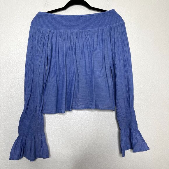 MAJE Top Medium Blue Lova Bleu Off Shoulder Smocked Blouse Long Bell Sleeve - Picture 1 of 8